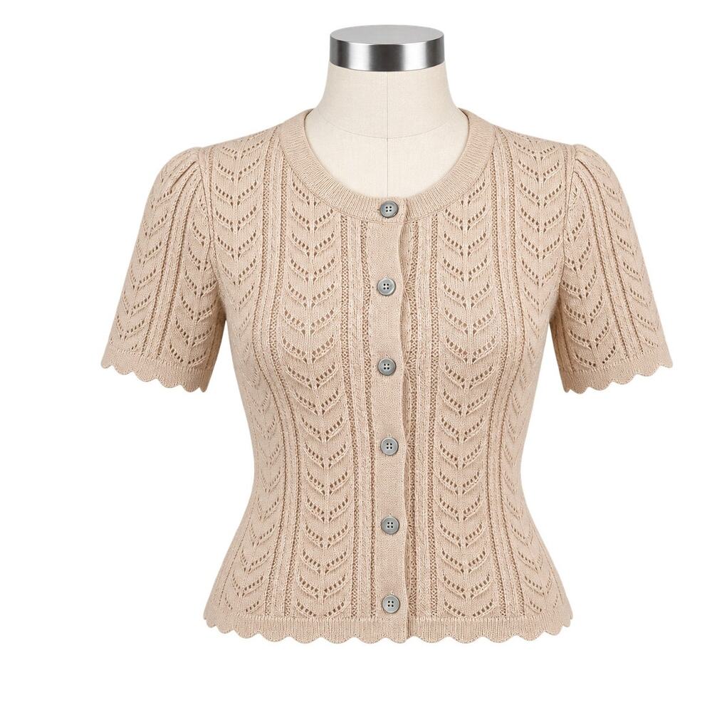 Chelsea & Theodore Beige Pointelle Knit Short Sleeve Cardigan - Size Petite S